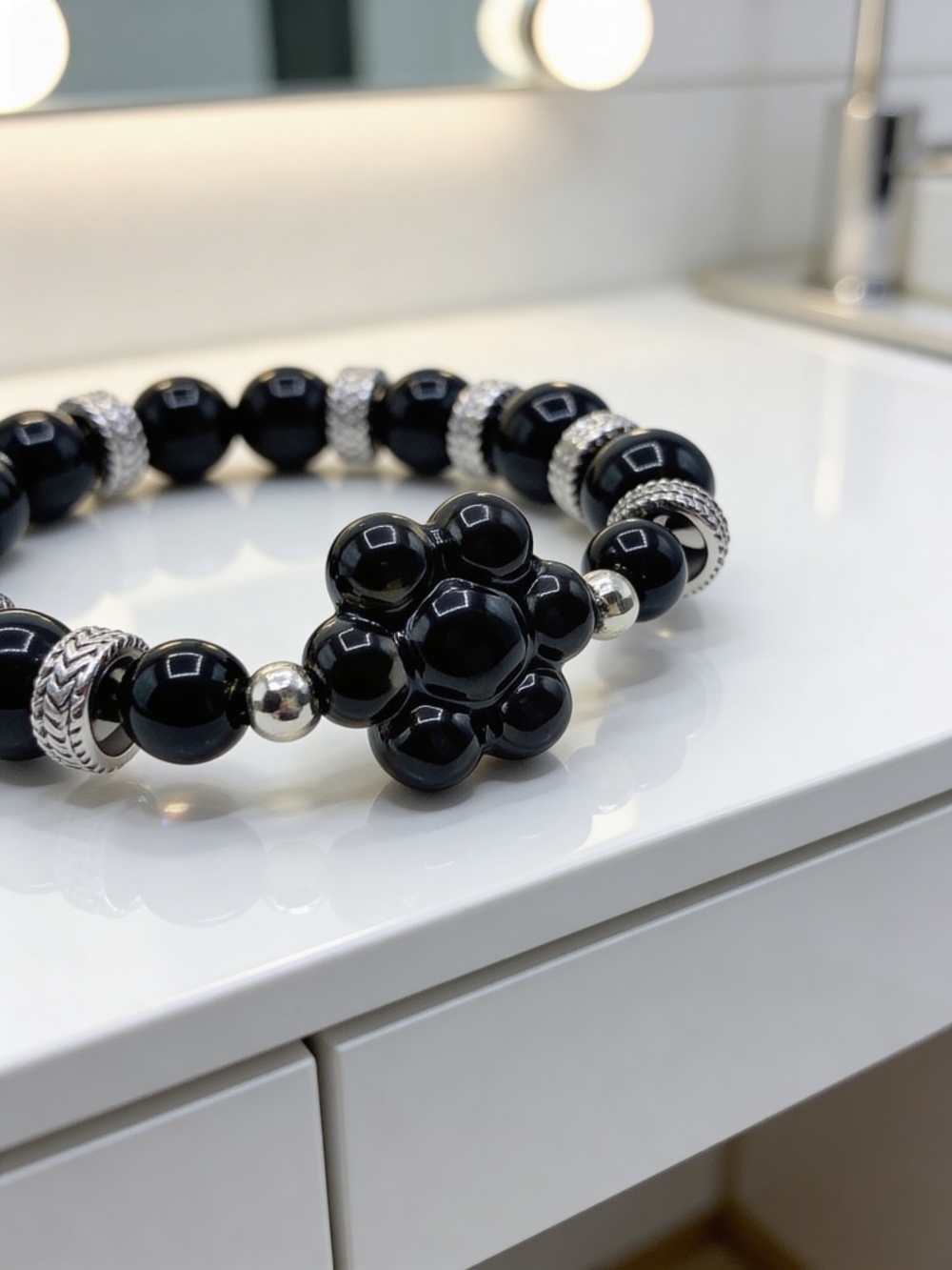 Black Beaded Stretch Bracelet with Floral Center & Silver Accent Rings - Picture 3 of 6